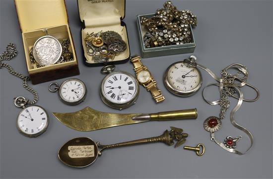 A mounted 5 lati piece coin, a collection of pocket watches and sundry jewellery etc.